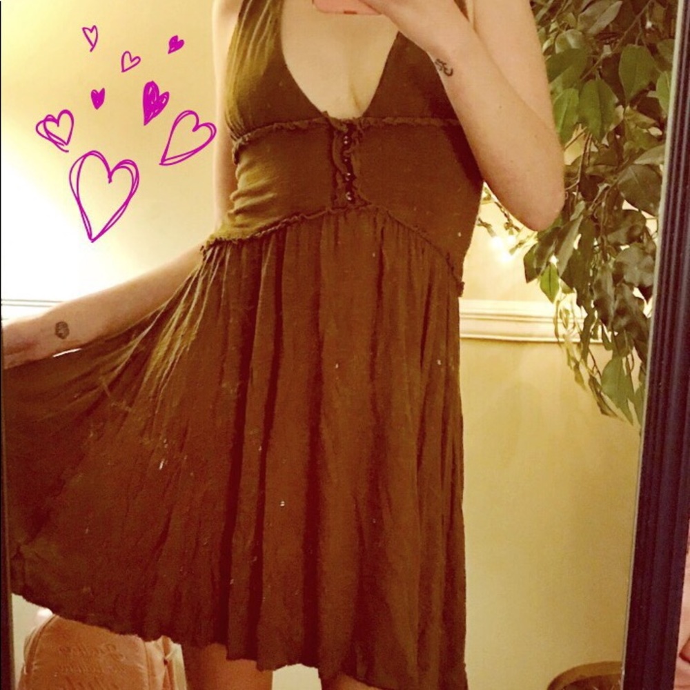 Free People  vintage olive deep V mini dress
